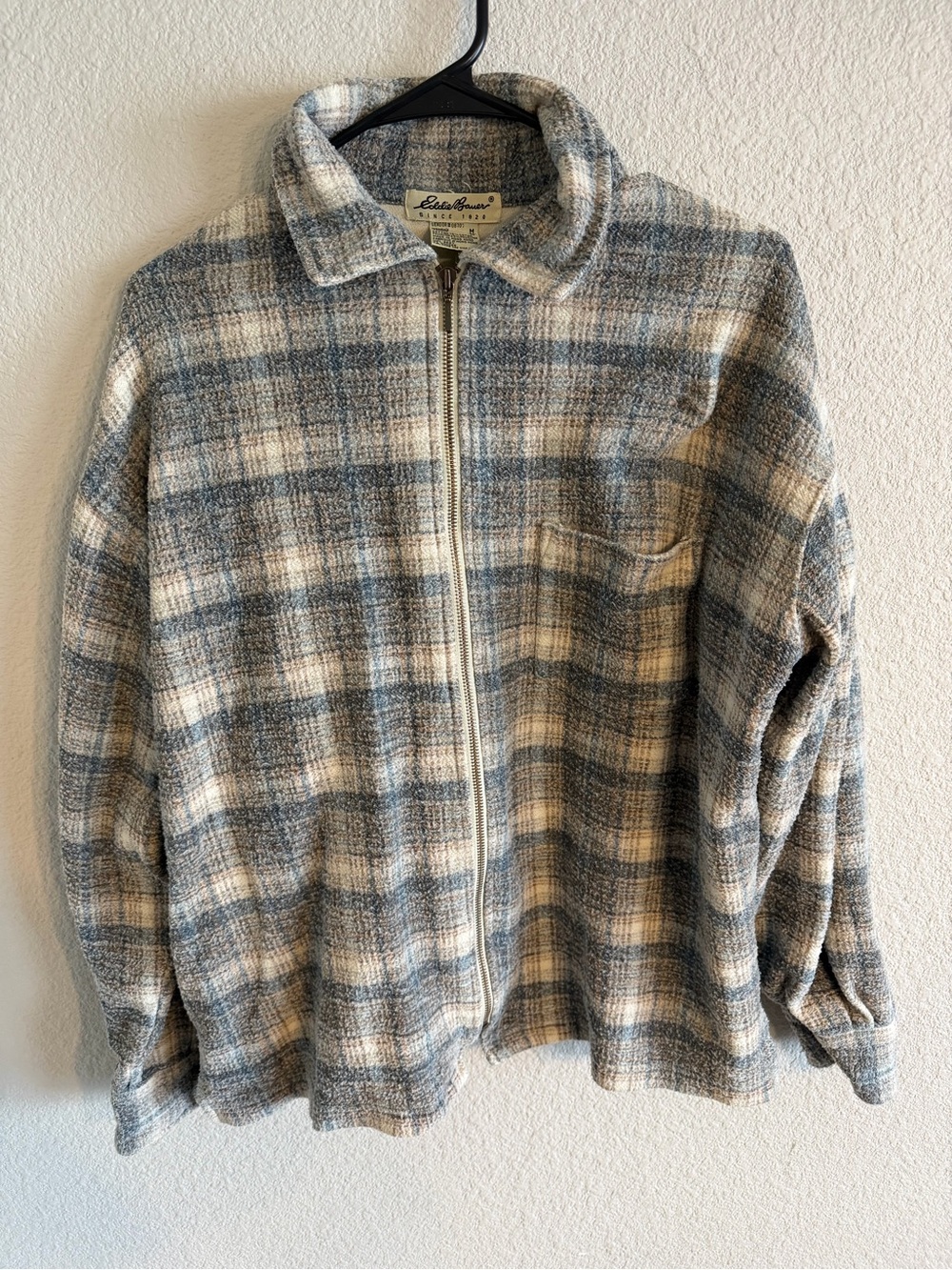Eddie Bauer Blue & Cream Plaid Teddy Zip Jacket